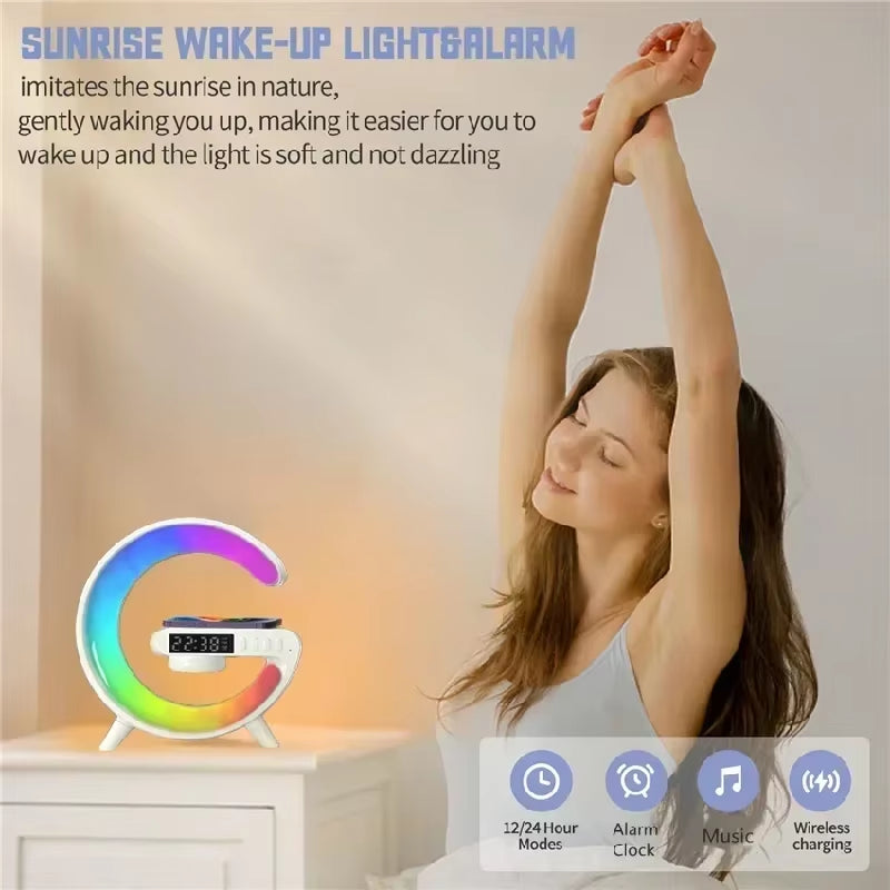 G Atmosphere Goodnight Light Wireless Charger Speaker Clock 6 Lighting Modes for Iphone 16 15 14 13 Samsung Fast Charging Stand