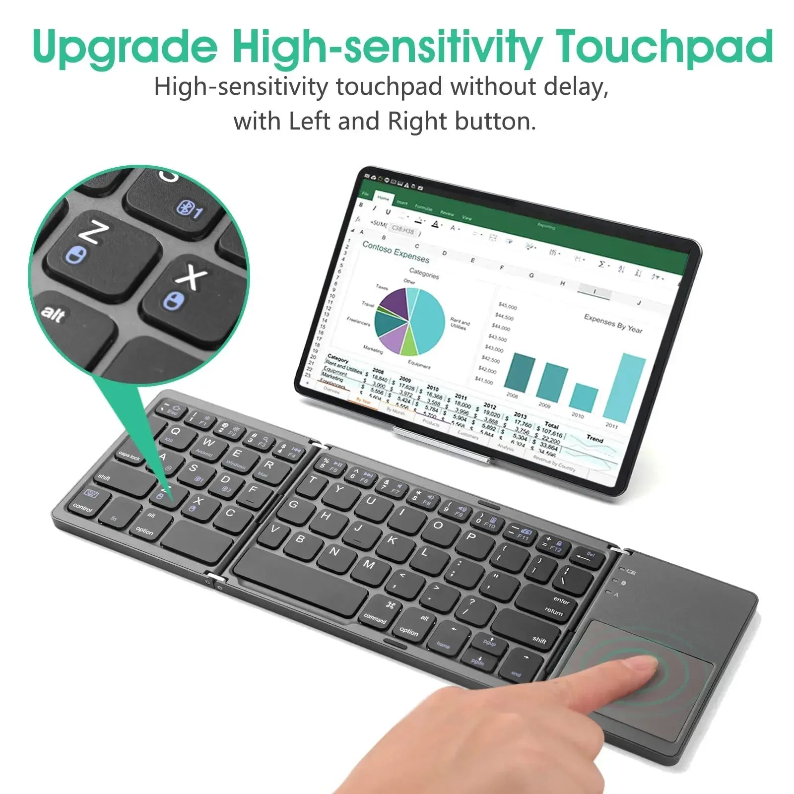 Russian/Spanish/English B033 Mini Foldable Keyboard, Wireless Bluetooth Keyboard Recharger with Touchpad for Windows Android IOS