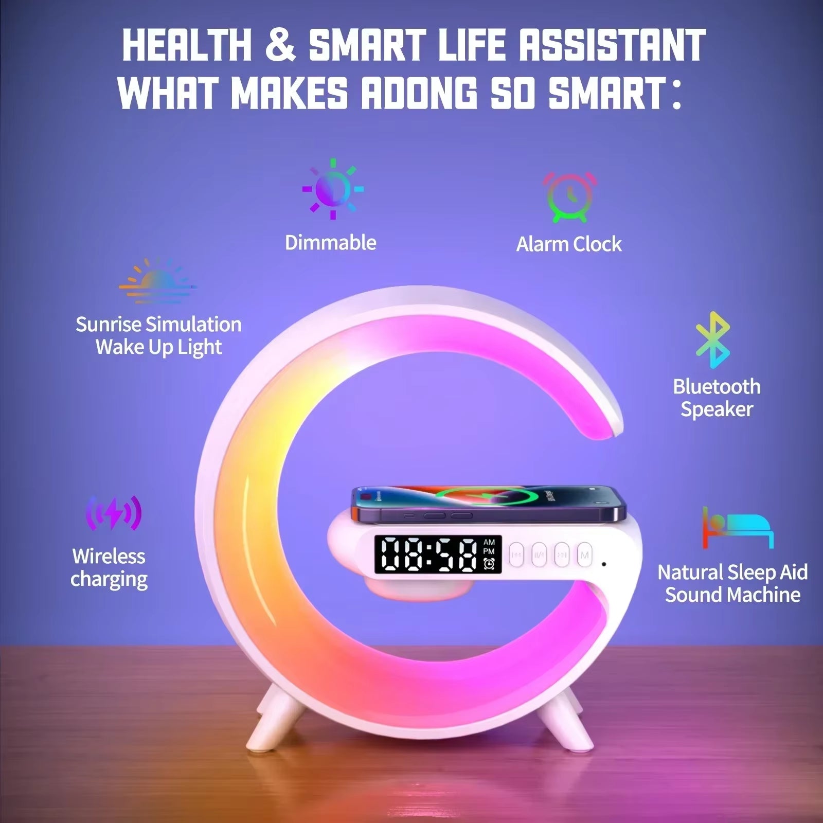 G Atmosphere Goodnight Light Wireless Charger Speaker Clock 6 Lighting Modes for Iphone 16 15 14 13 Samsung Fast Charging Stand